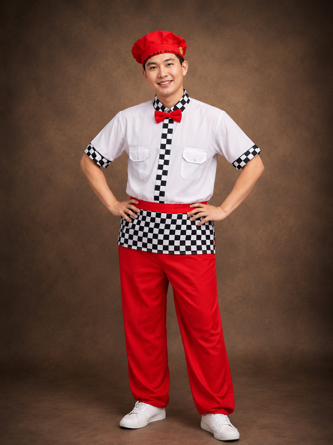 Chef & Waiter Costume Set- White & Red Uniform