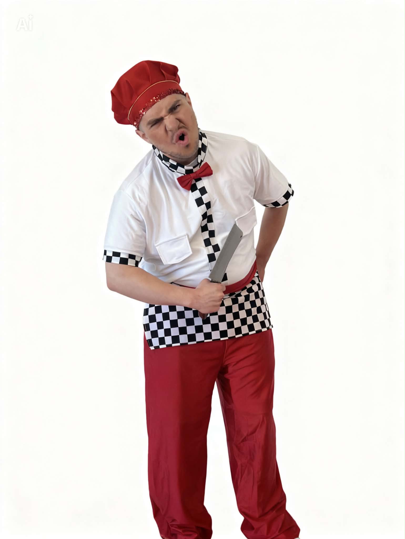 Chef & Waiter Costume Set- White & Red Uniform