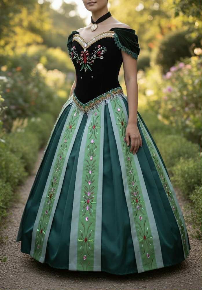 Frozen Inspired Green Anna Dress, Premium Coronation Style Princess Gown Set