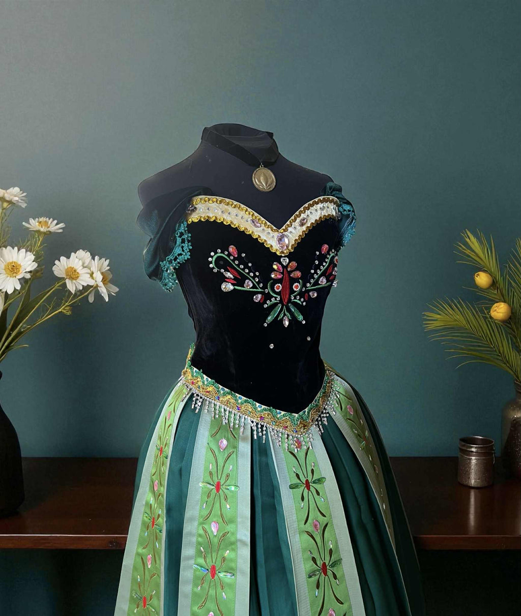 Frozen Inspired Green Anna Dress, Premium Coronation Style Princess Gown Set